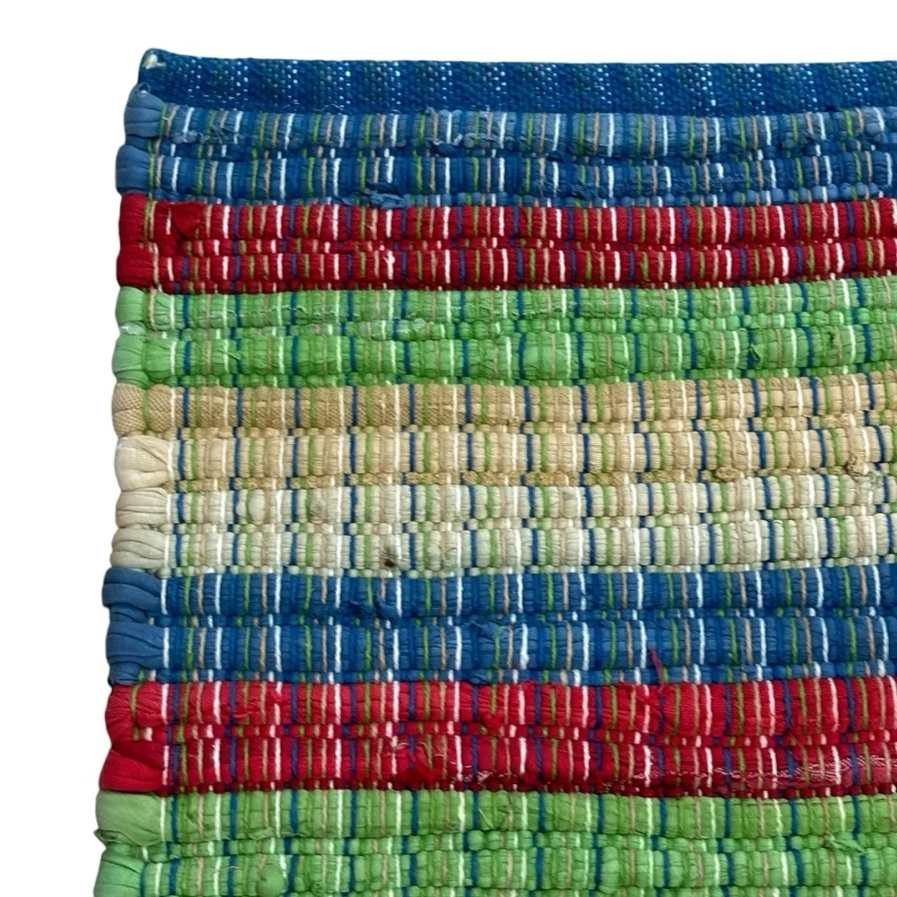 Vintage Thick Handwoven Throw Rug Striped Red White Blue Green Tan 30”x 18”